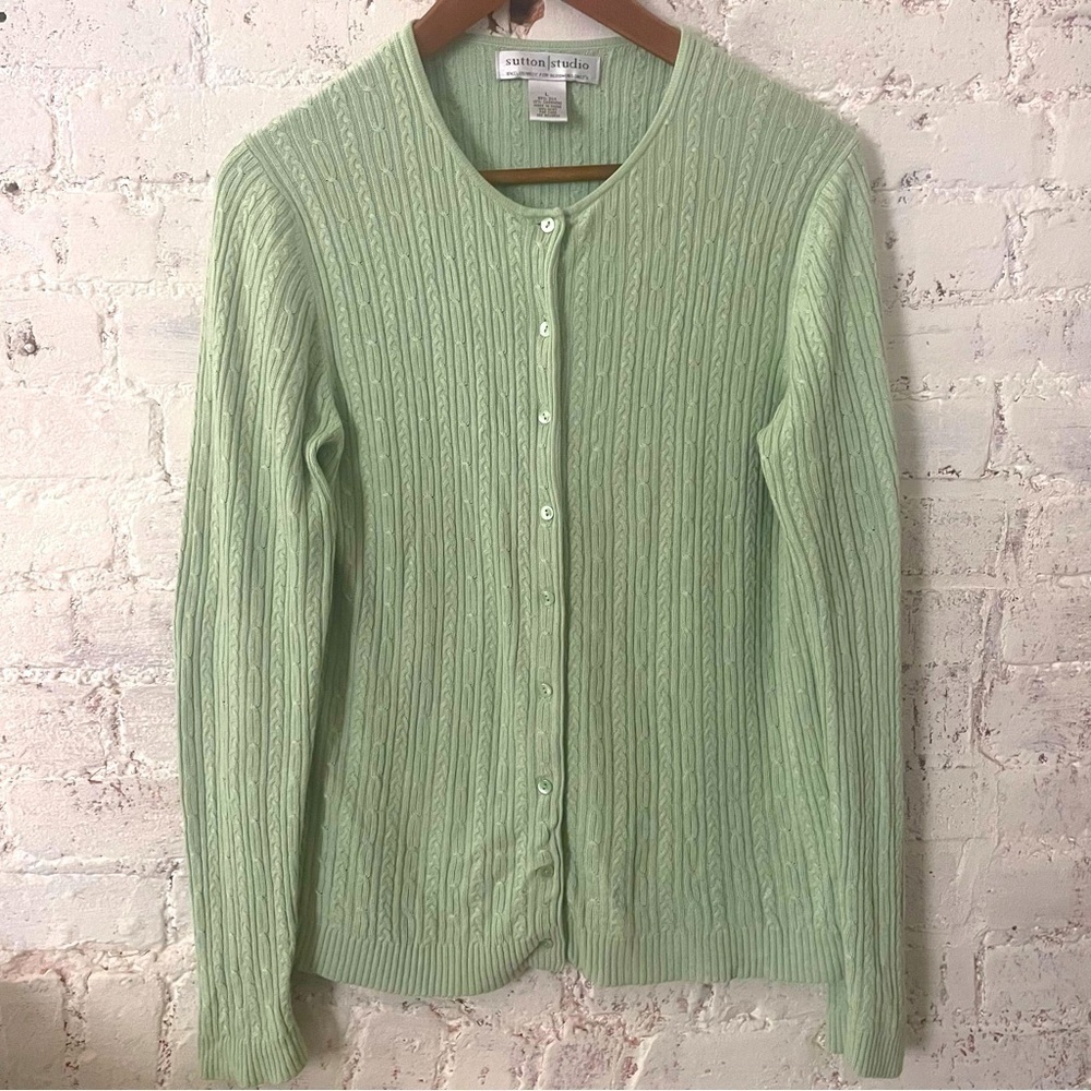 Bloomingdale’s Sutton|Studio Silk|Cashmere Green Cable Knit Cardigan Sz …